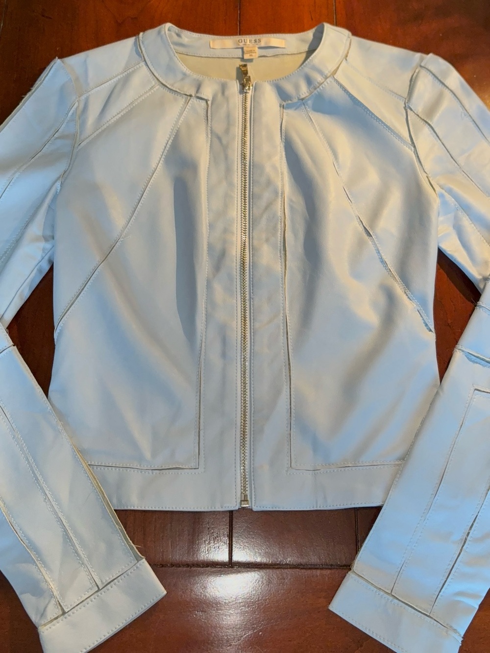 GUESS Women's Baby Blue Zip-Front Faux Leather Jacket